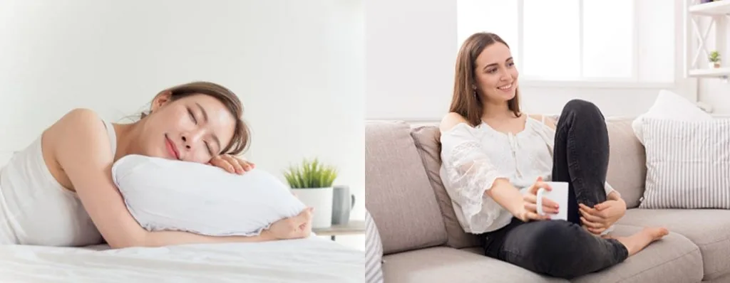 Mama beristirahat: tidur siang dan bersantai di sofa dengan secangkir minuman
