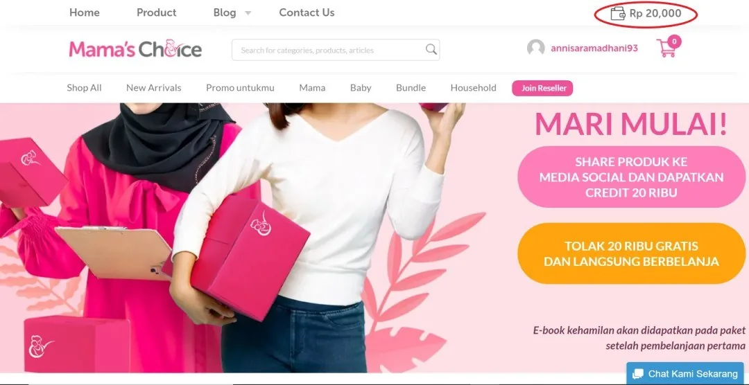 Halaman Mama’s Choice dengan store credit VIP Mama di pojok kanan atas