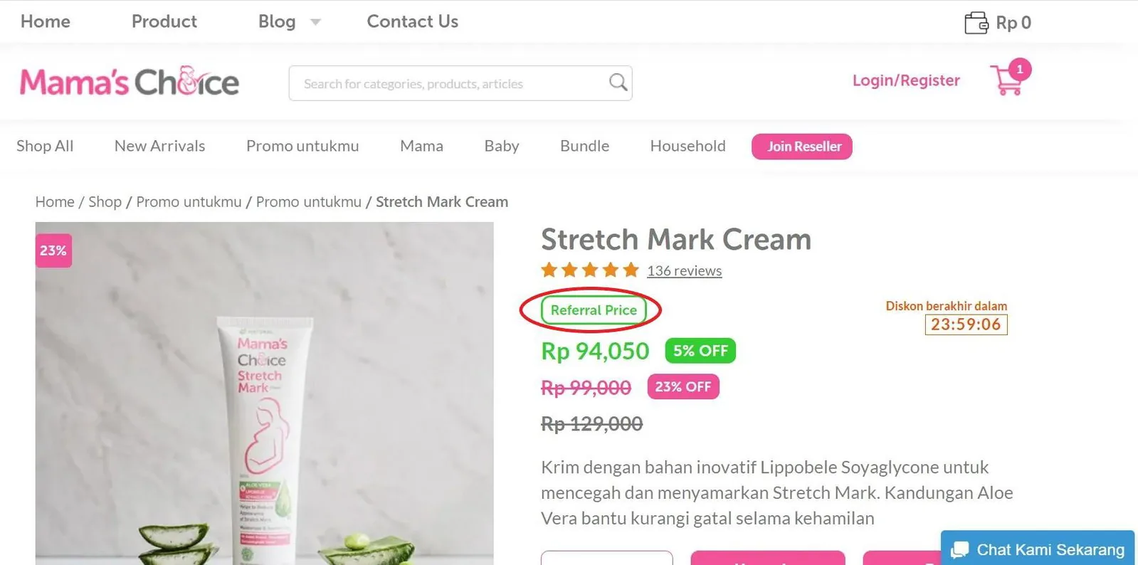Halaman produk Stretch Mark Cream di situs Mama’s Choice