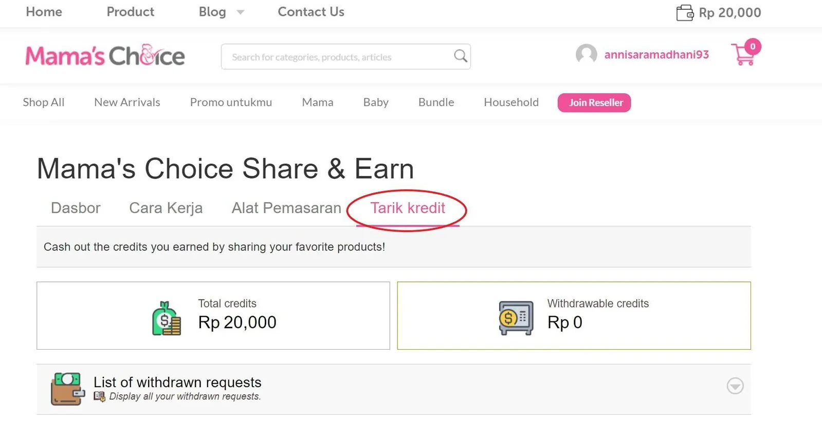 3. Pada dasbor, pilih Tarik Kredit