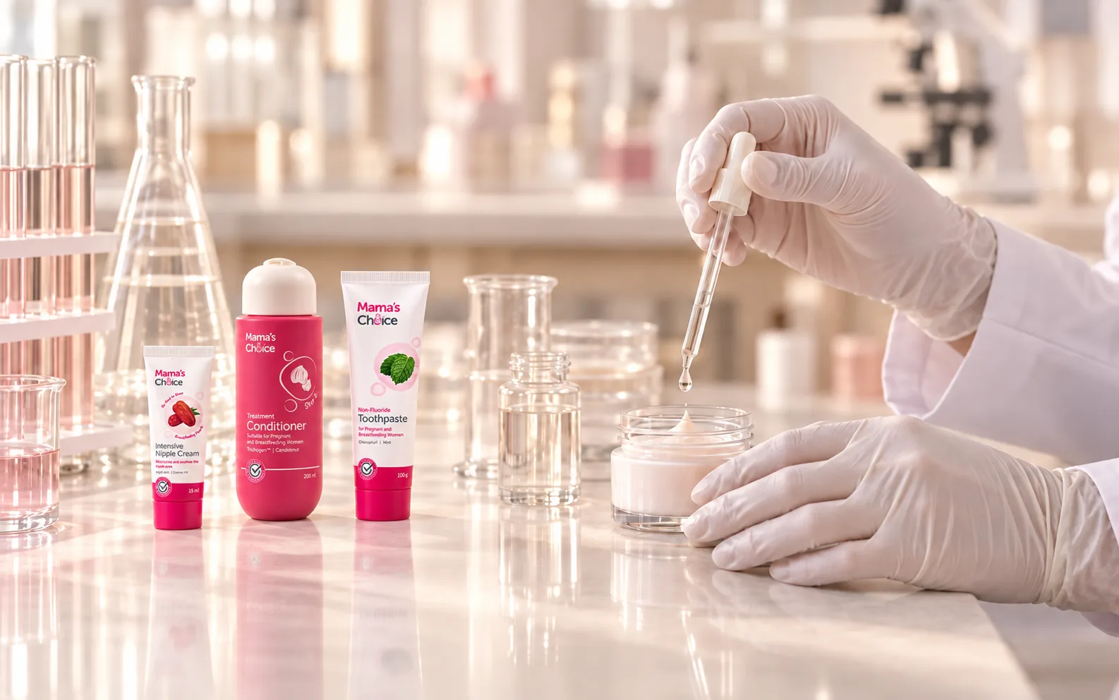 Tangan bersarung tangan meneteskan bahan ke wadah krim di laboratorium, dengan Intensive Nipple Cream, Treatment Conditioner, dan Non-Fluoride Toothpaste di meja