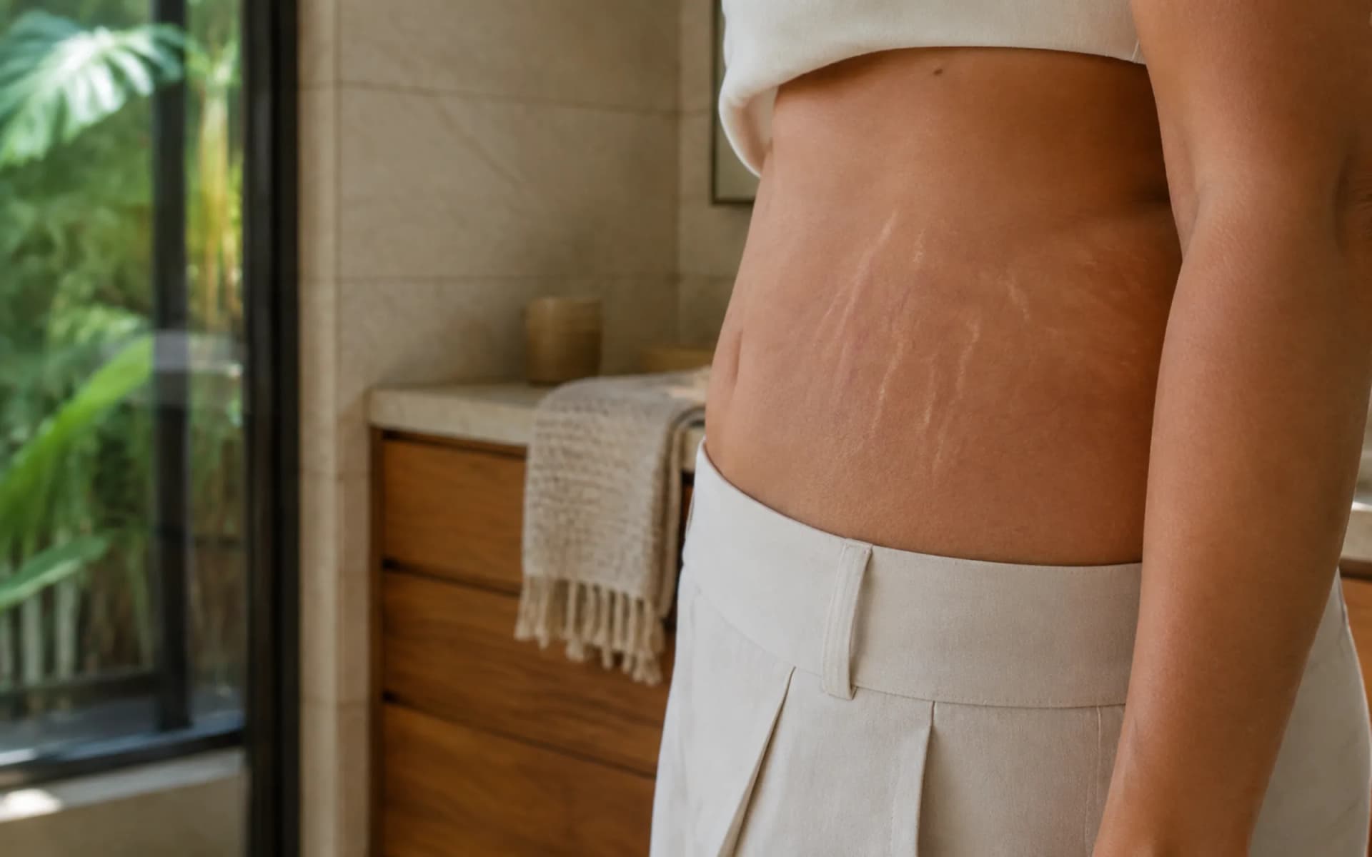 Red and silvery-white stretch marks side by side on one area of skin