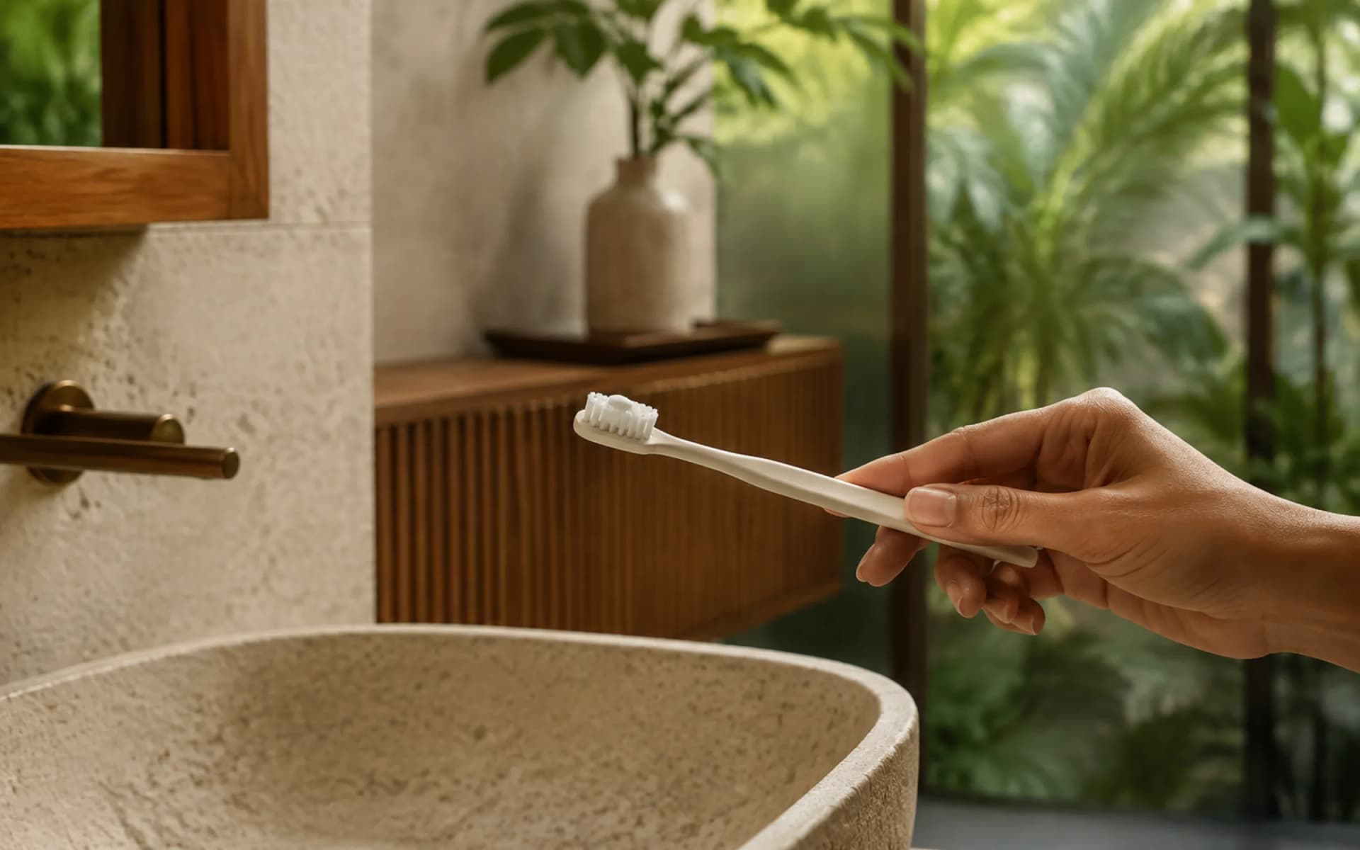 A rice-grain of toothpaste on a child's toothbrush