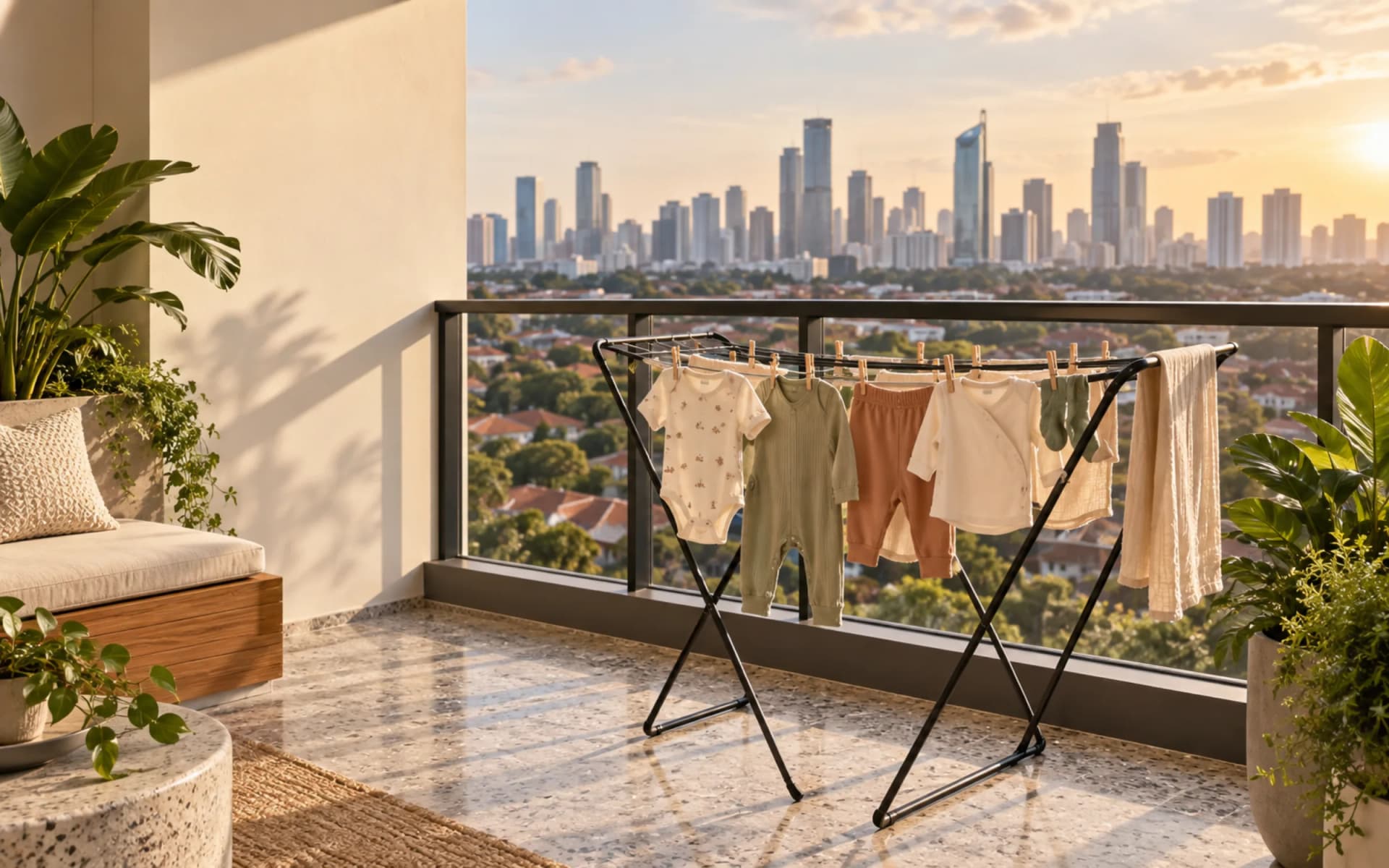 Baju bayi dijemur di rak jemuran balkon pada sore hari