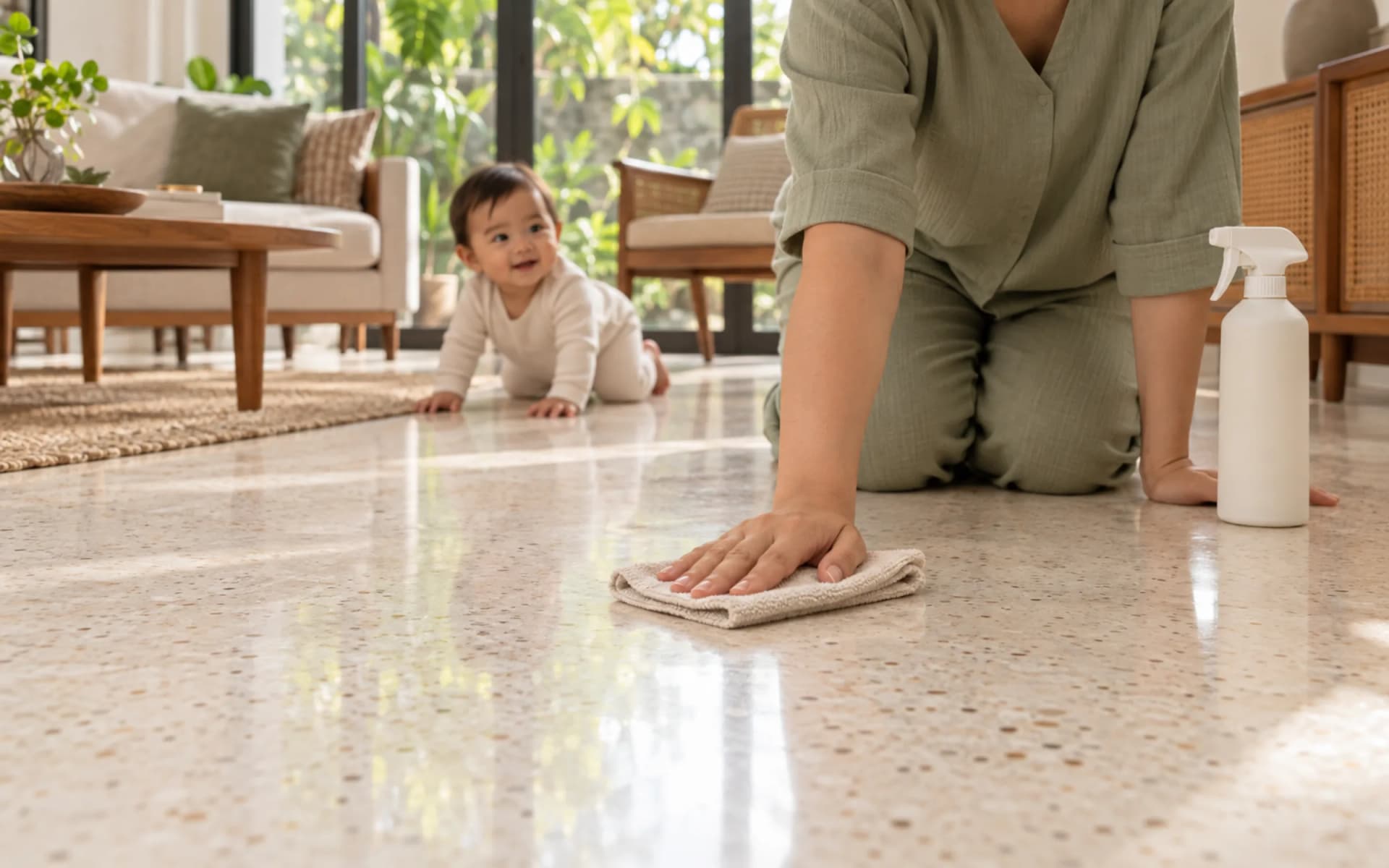 Cleaning the floor near a baby's play area