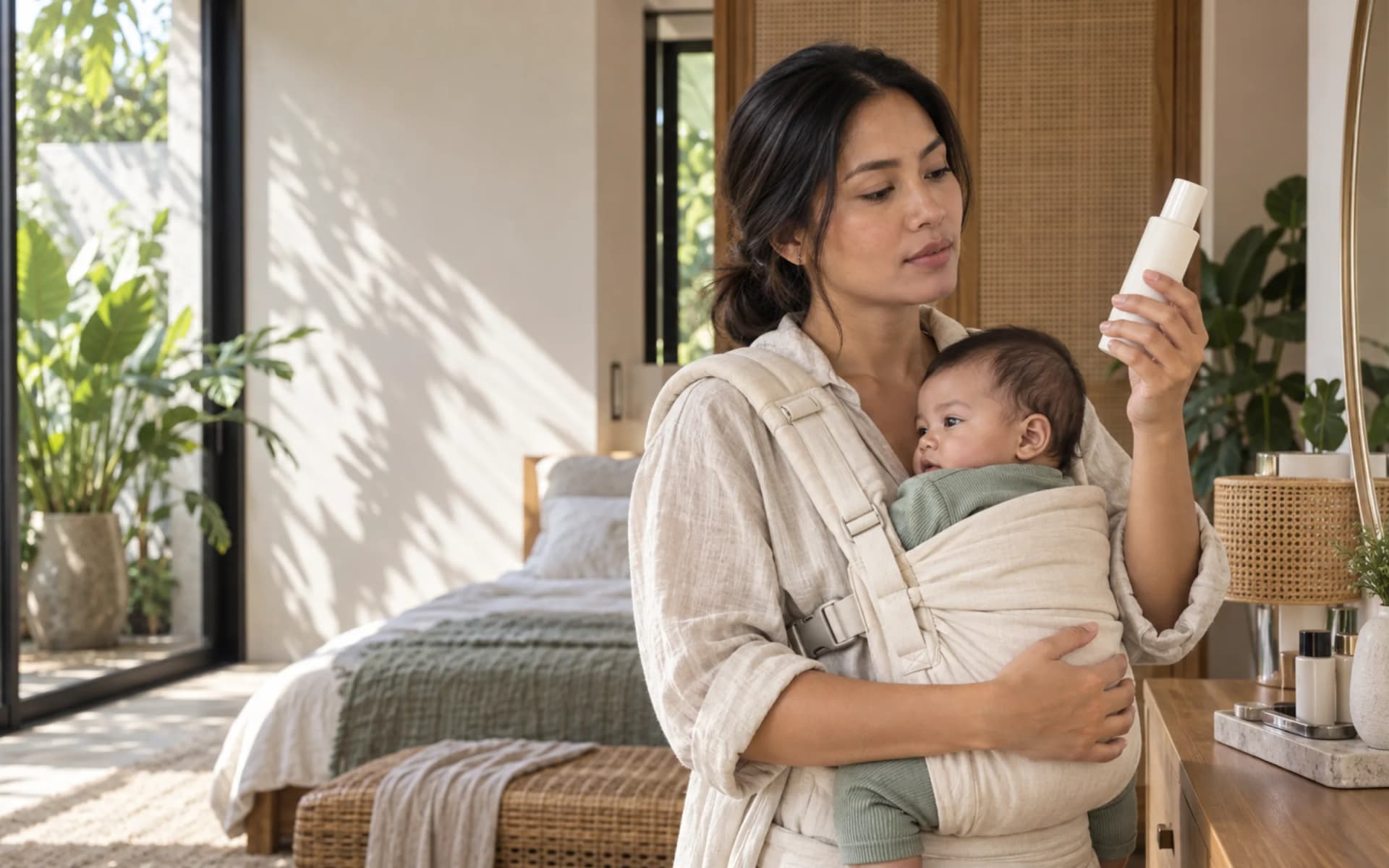 Mama membaca label produk sambil menggendong bayi