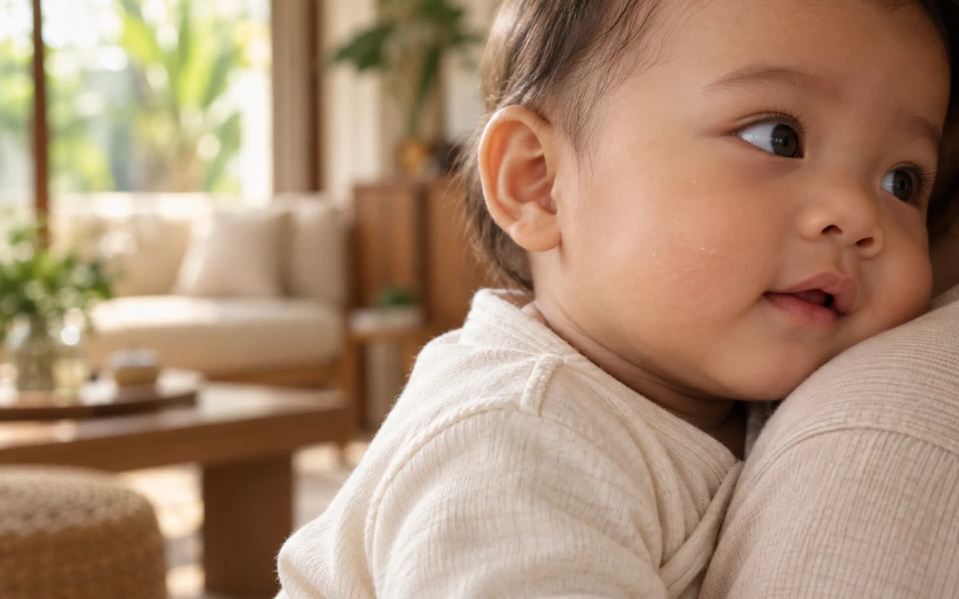 A baby's cheek and shoulder in soft light