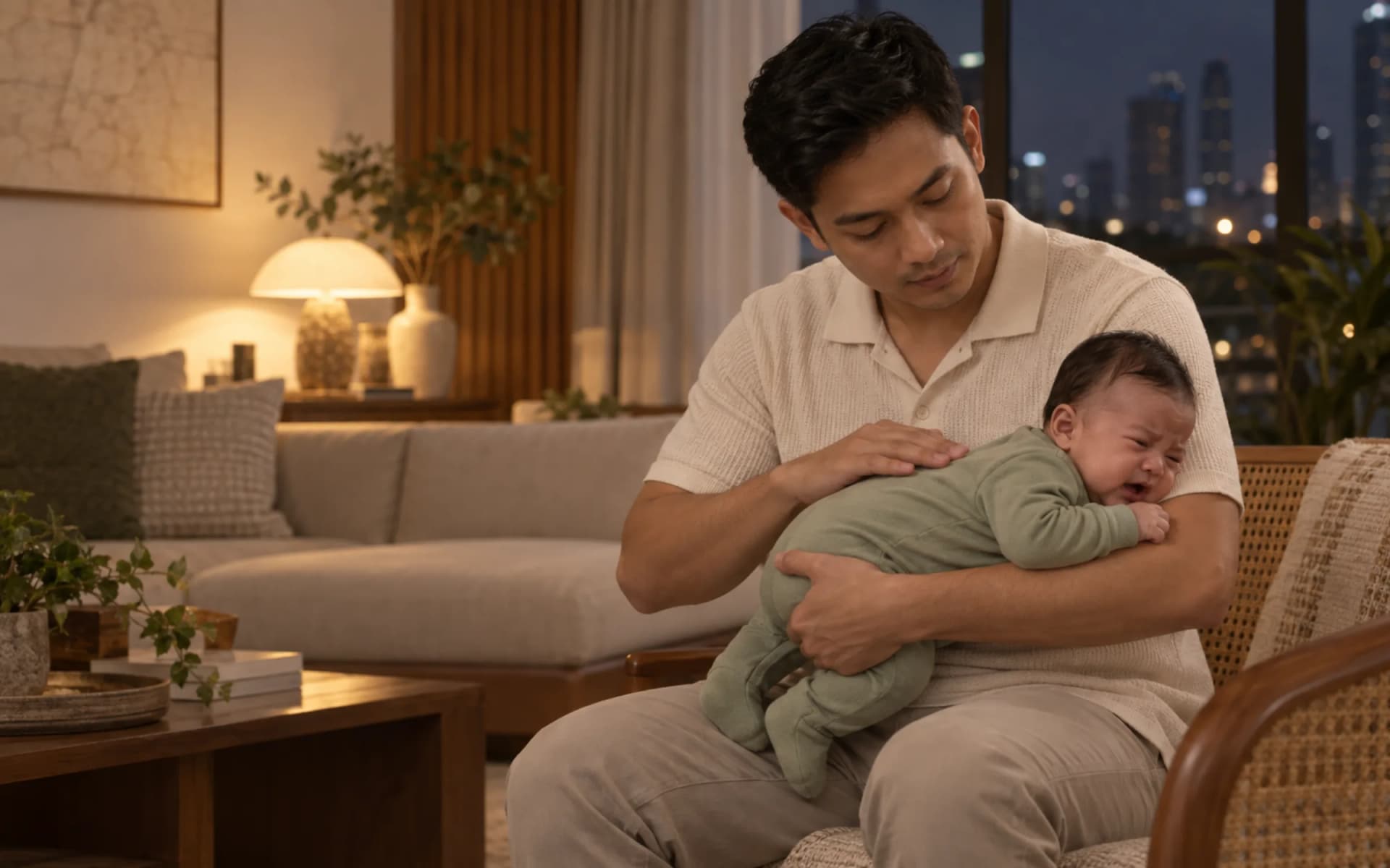 Papa nenangaken bayi ingkang nangis kanthi posisi mengkurep ing lengen