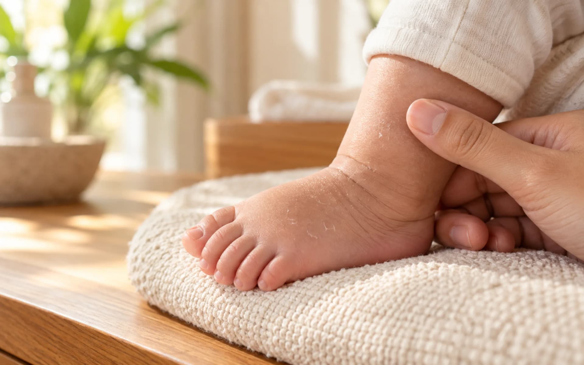 Close view of dry skin on a baby's foot