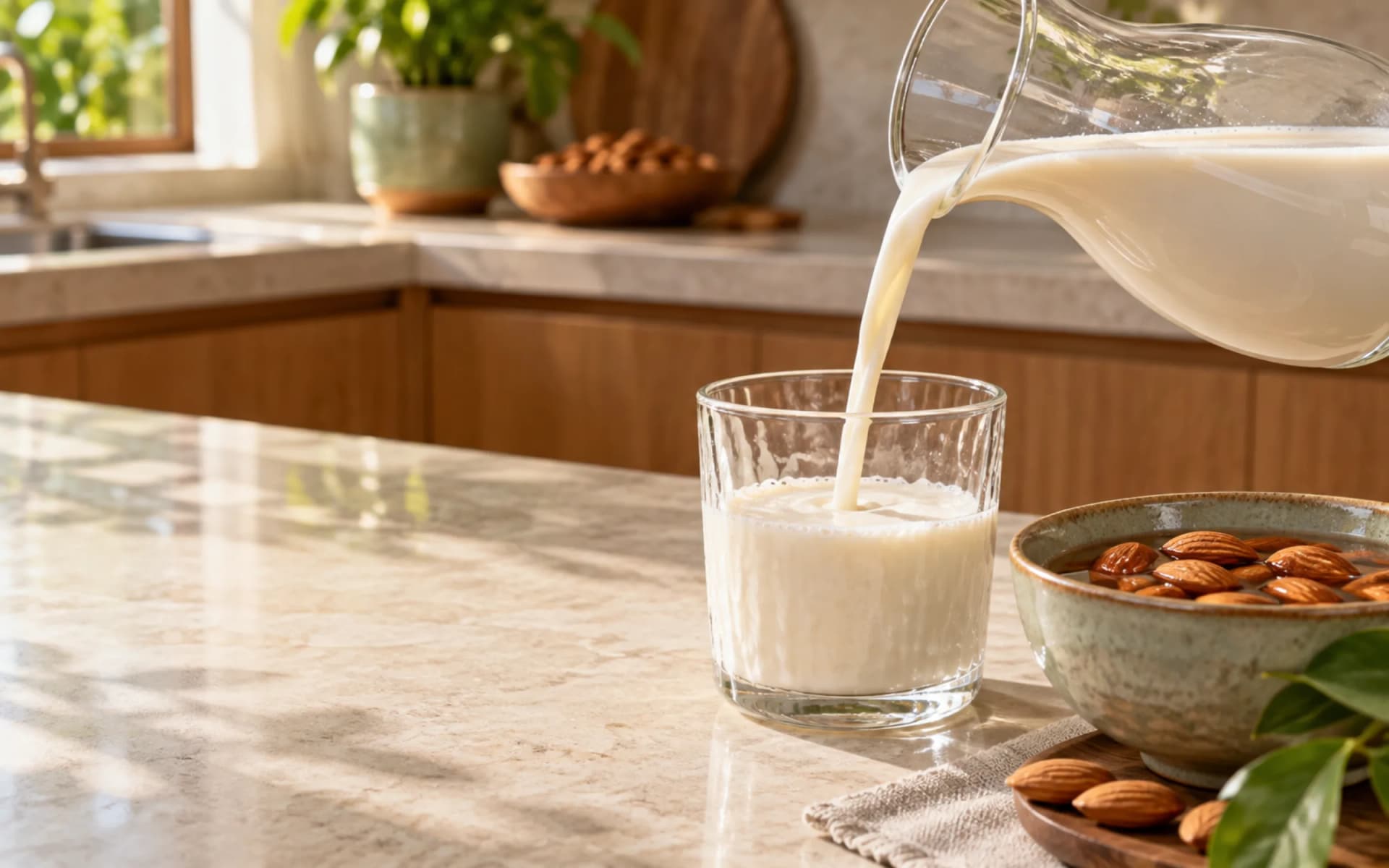 Segelas susu almond dituang di samping mangkuk almond rendaman