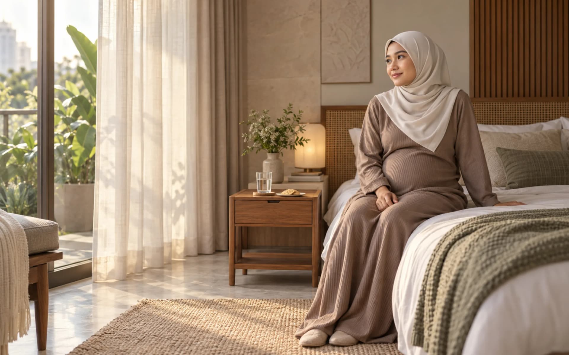 Ibu hamil duduk di tepi tempat tidur dengan air putih di meja