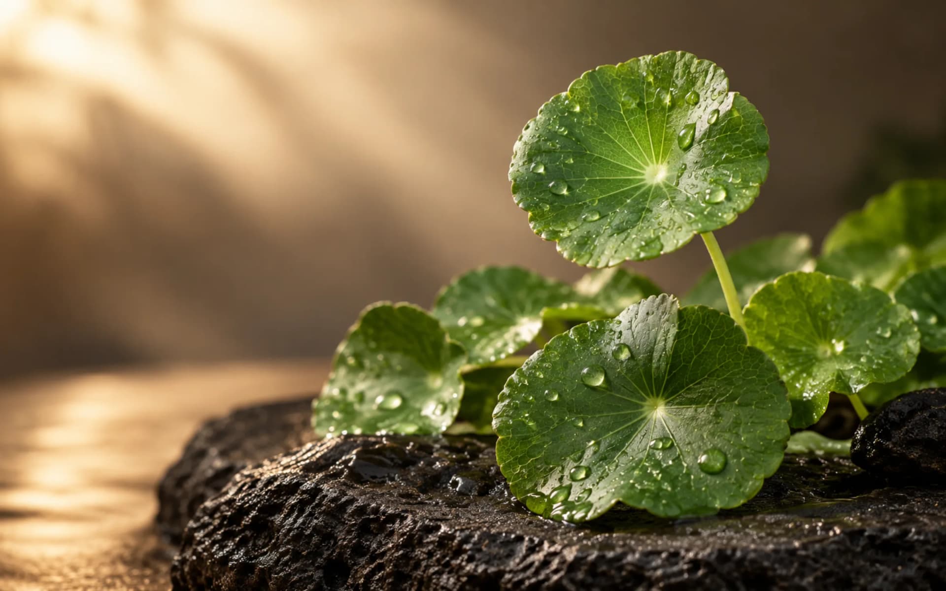 Fresh centella asiatica leaves on dark stone