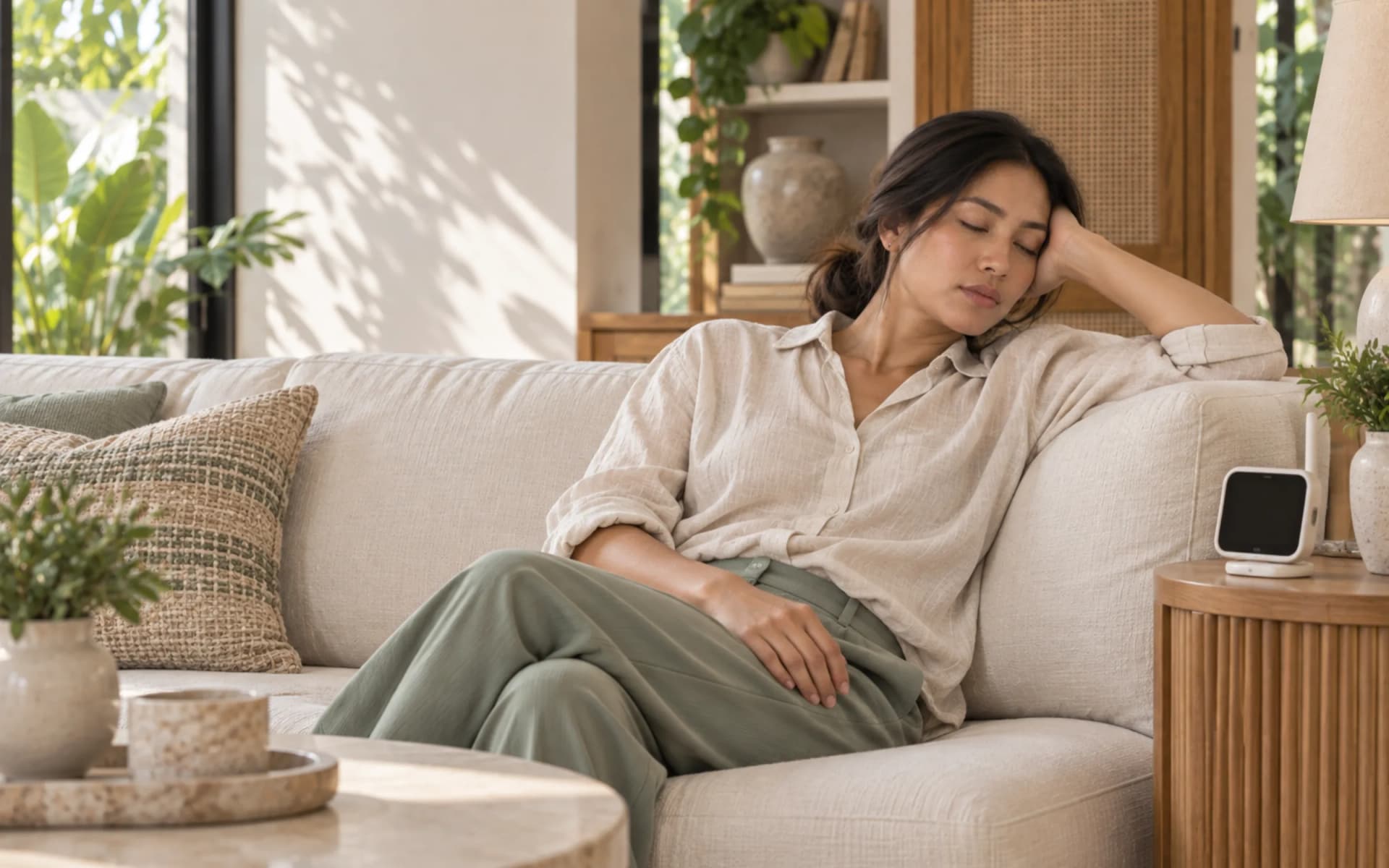 Ibu saré ing sofa wanci siyang kanthi baby monitor ing sandhingipun