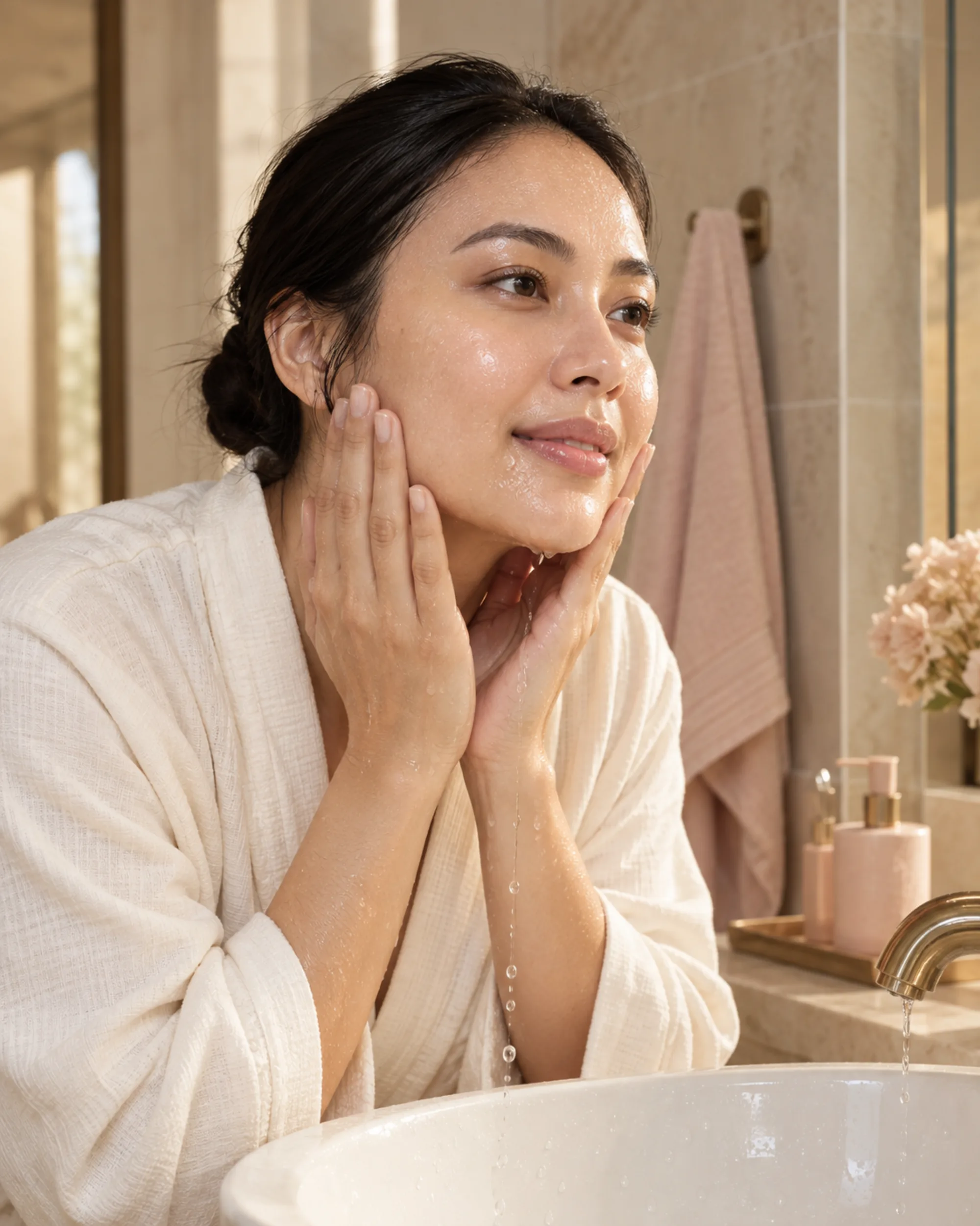 Mama membilas wajah di wastafel setelah mencuci muka