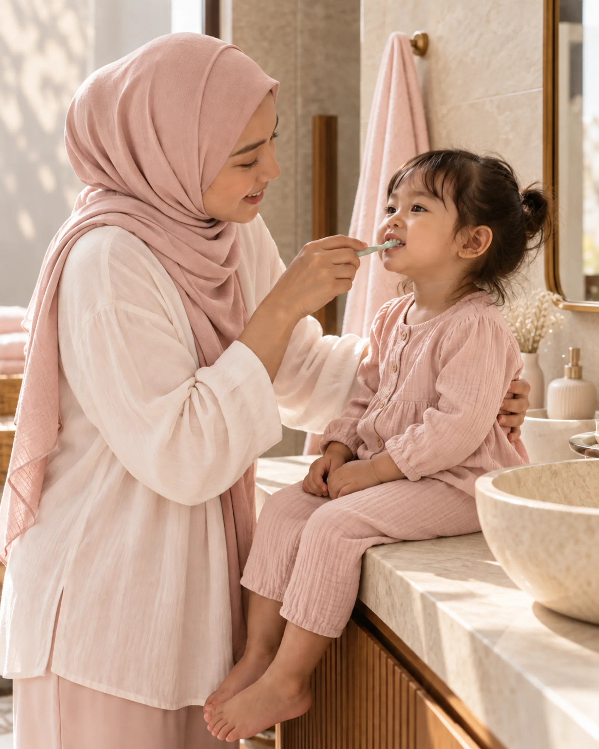 Mama menyikat gigi anak balitanya di depan wastafel