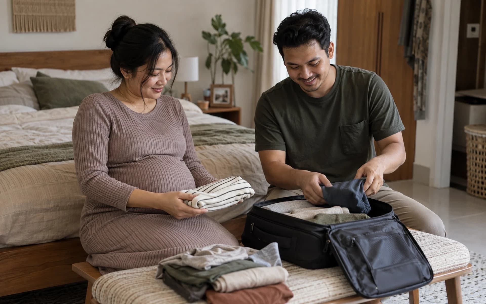 Pasangan mengemas tas bersama di kamar tidur