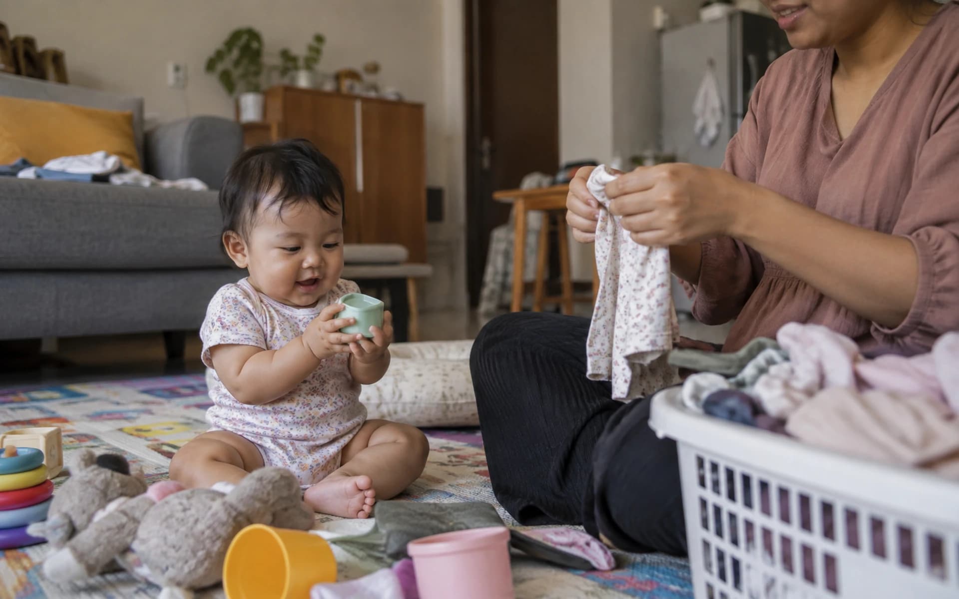 Bayi bermain di lantai bersama orang tuanya di rumah