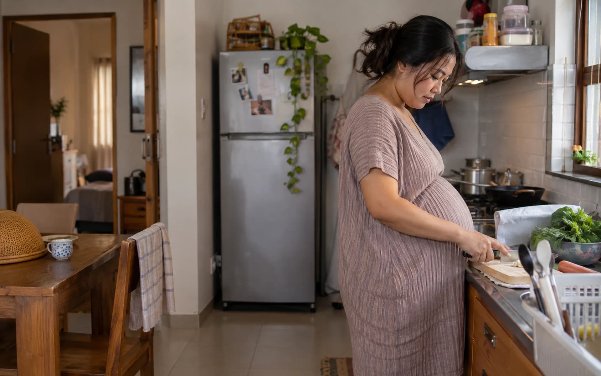 Ibu hamil beraktivitas di rumah pada siang hari