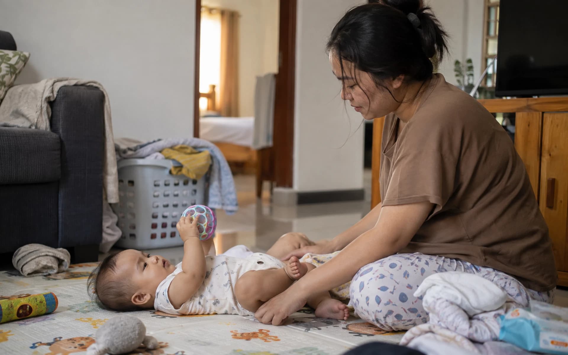 Bayi bermain di lantai bersama orang tuanya di rumah