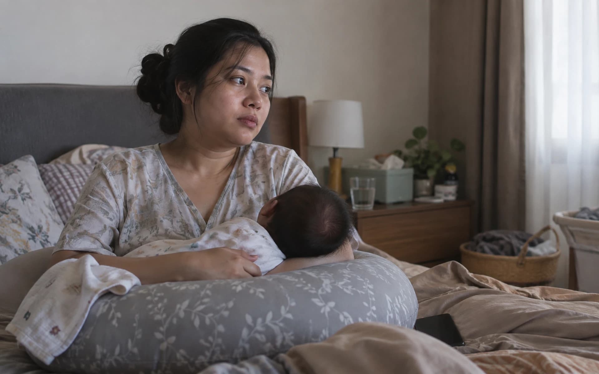 Ibu menyusui bersama bayinya di rumah