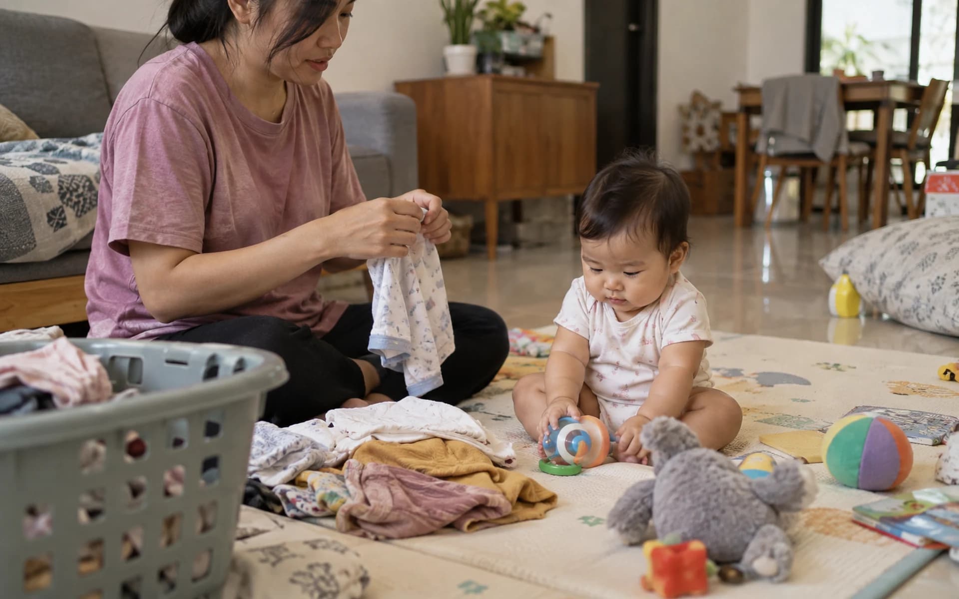 Bayi bermain di lantai bersama orang tuanya di rumah