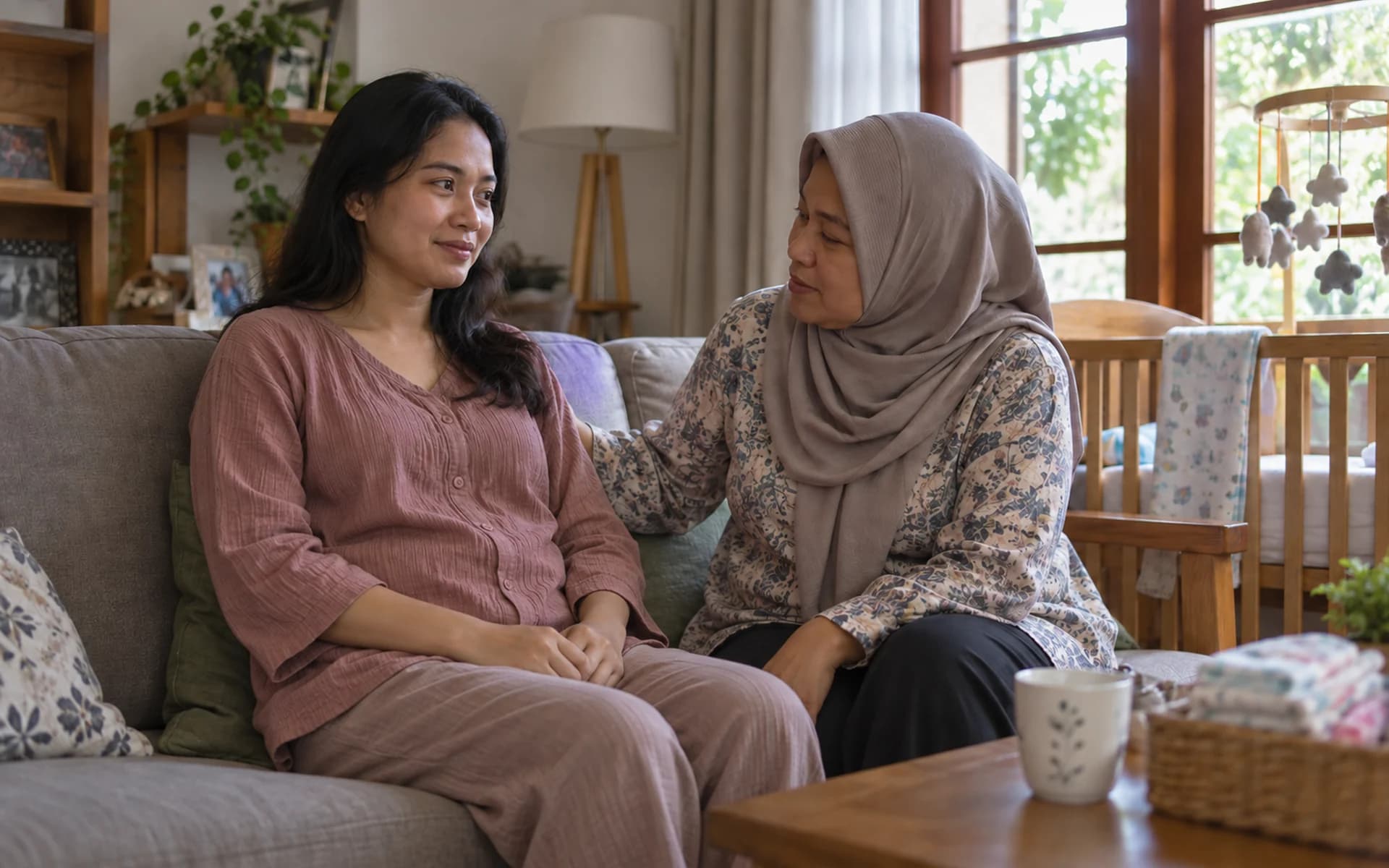 Dua perempuan berbincang di ruang tamu sambil minum teh