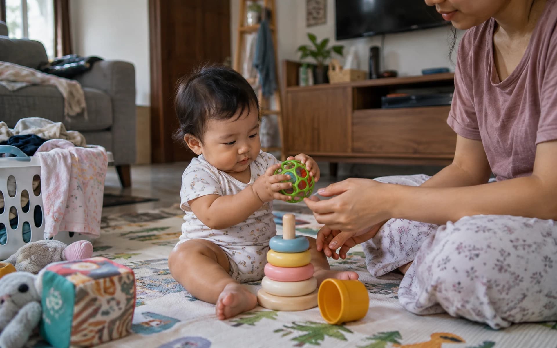 Bayi bermain di lantai bersama orang tuanya di rumah
