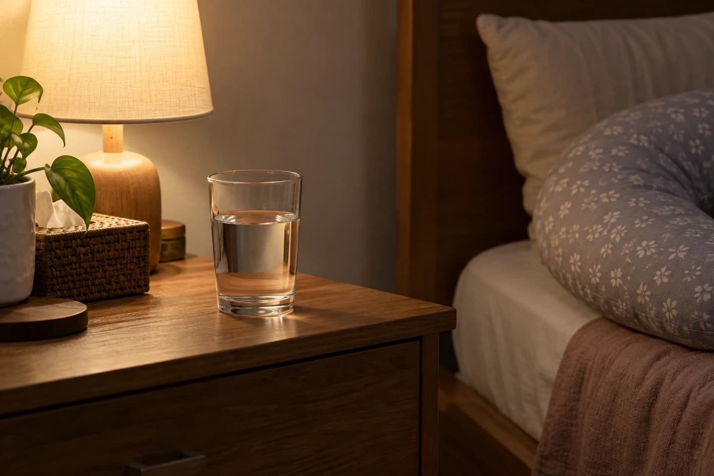 Segelas air di meja samping tempat tidur pada malam hari, dengan lampu dan bantal kehamilan.