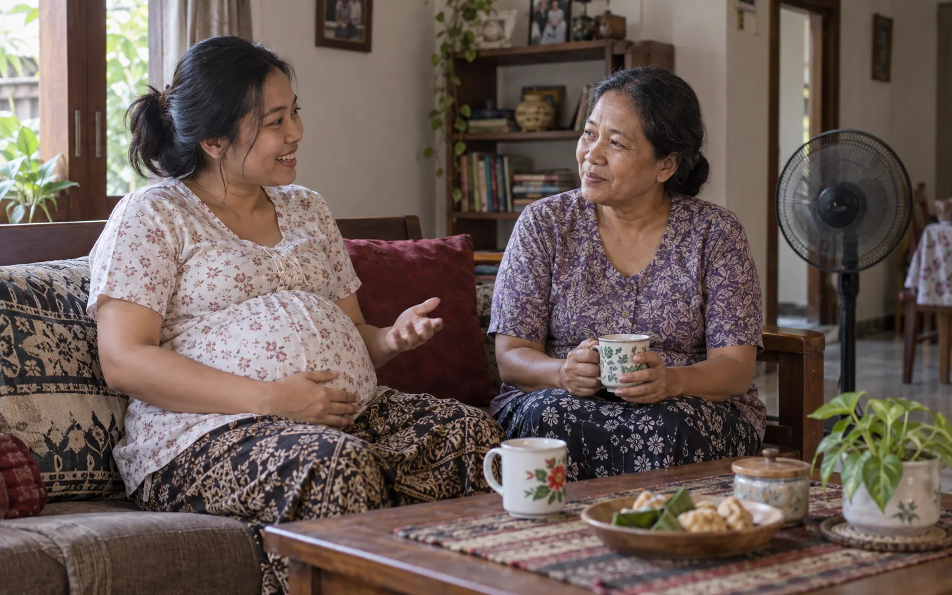 Ibu hamil dan perempuan yang lebih tua berbincang dengan teh di meja.