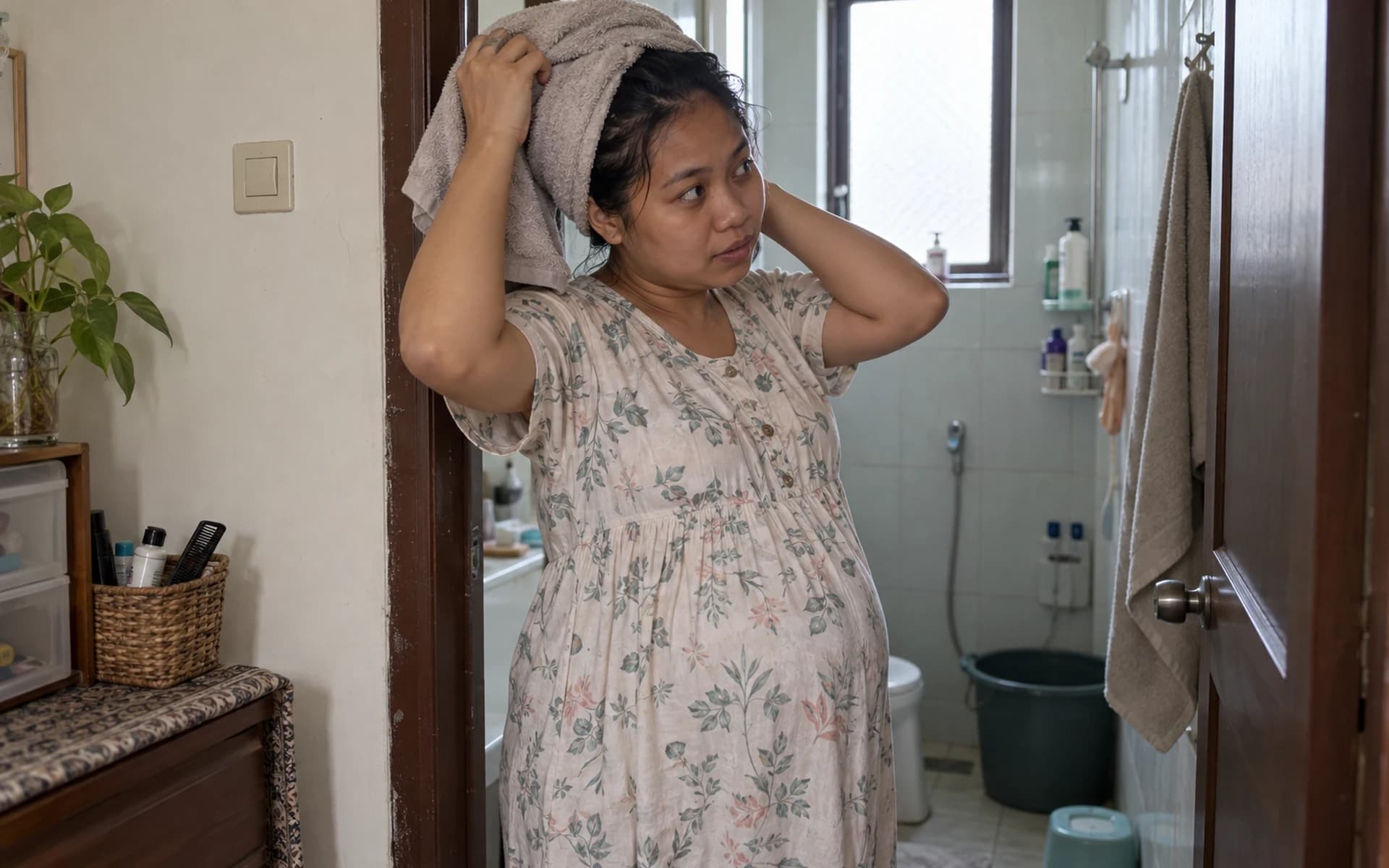 Ibu hamil berpakaian lengkap membungkus rambut basah dengan handuk di pintu kamar mandi.