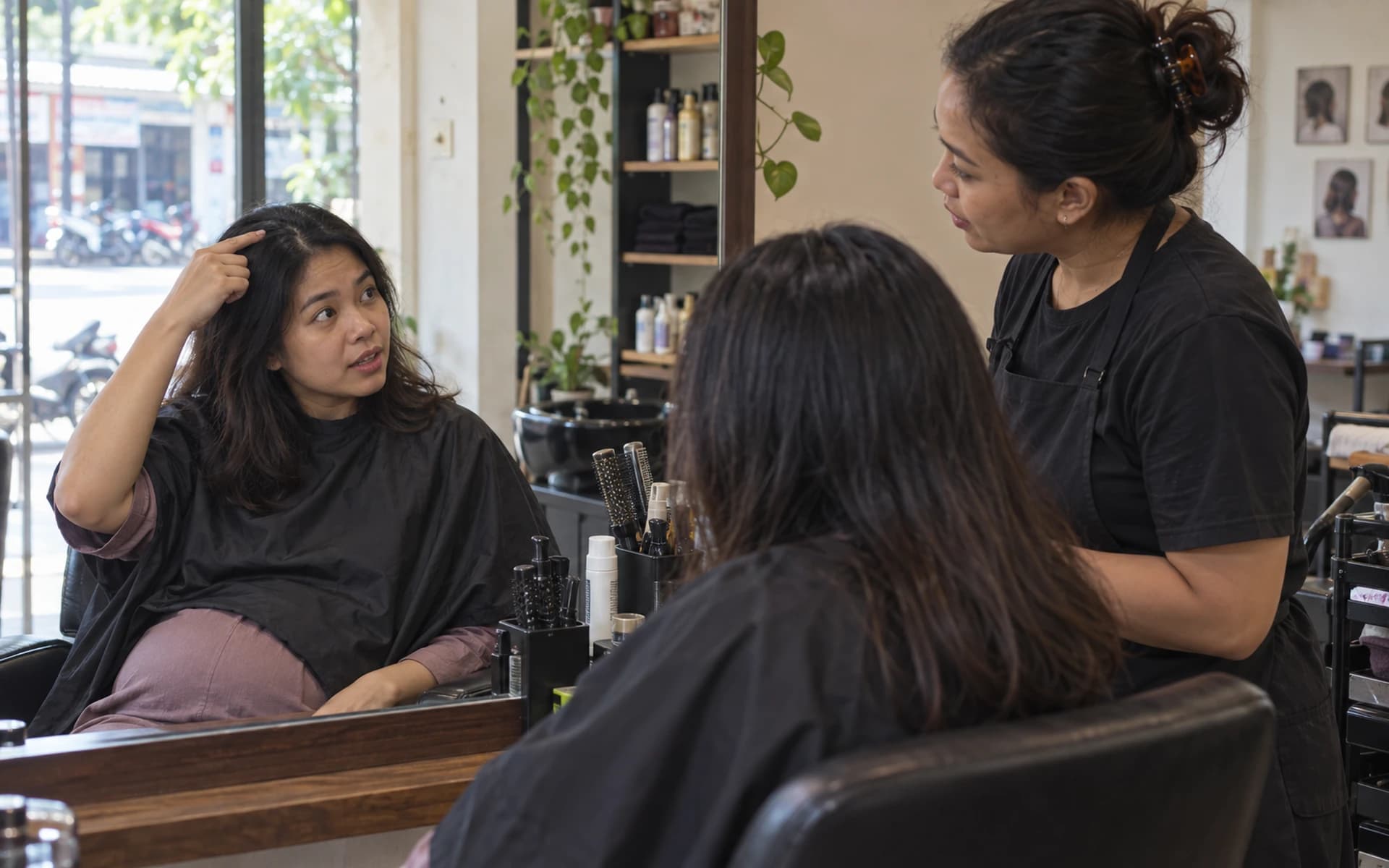 Ibu hamil berdiskusi dengan penata rambut sambil menunjuk akar rambutnya.