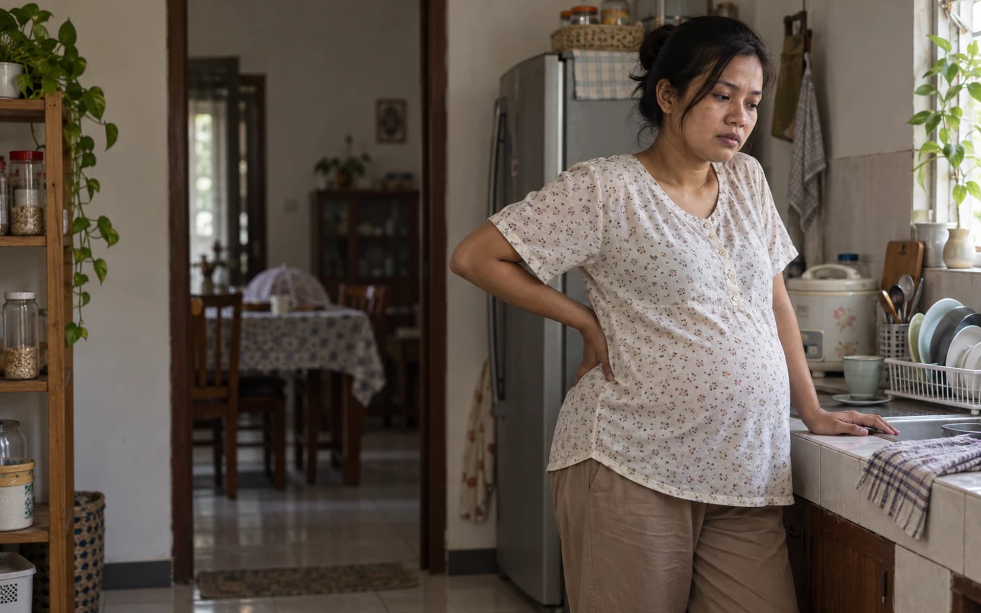 Ibu hamil berdiri di dapur dengan satu tangan di punggung bawah dan satu tangan di meja.