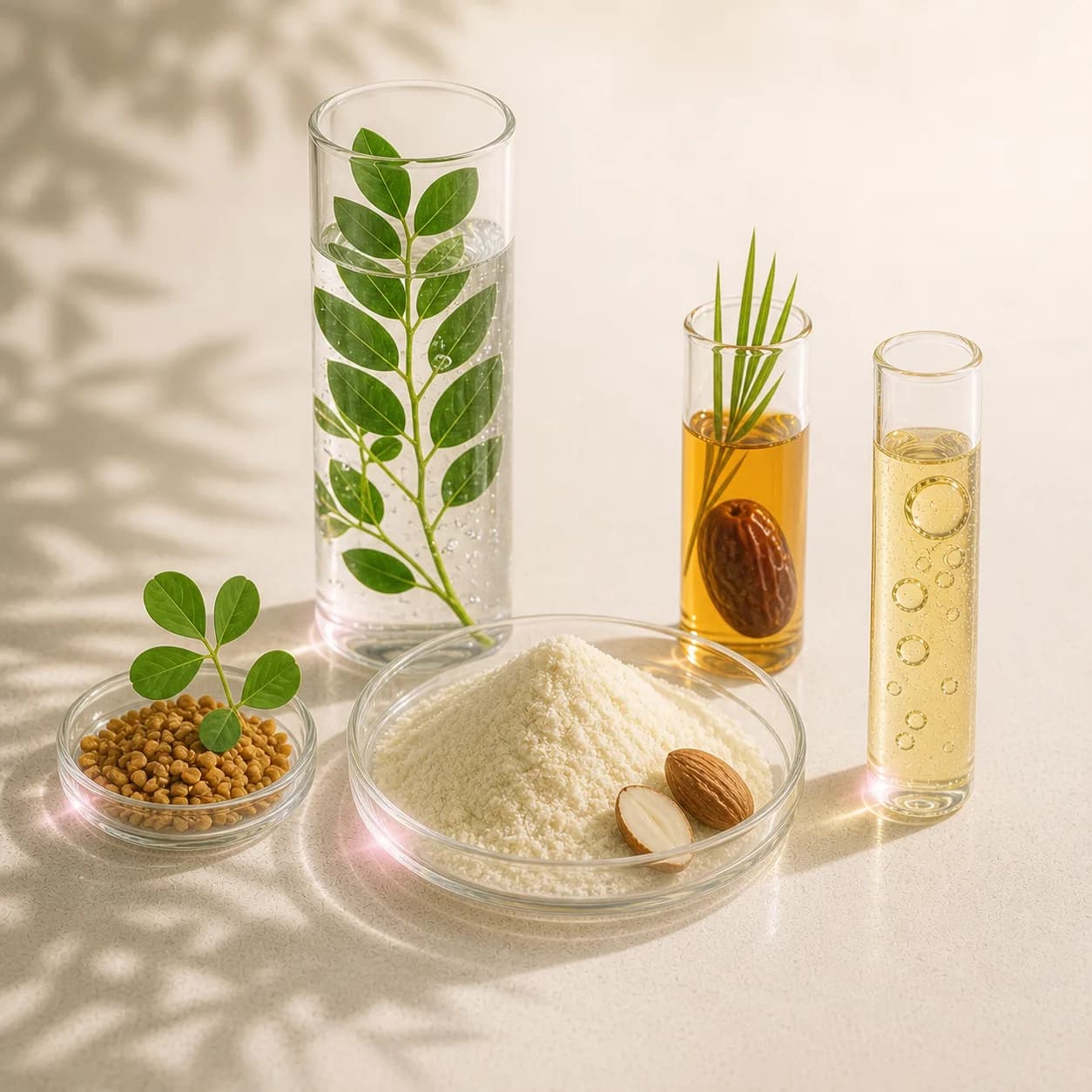 Daun katuk, biji fenugreek, bubuk almond, dan kurma dalam cawan kaca