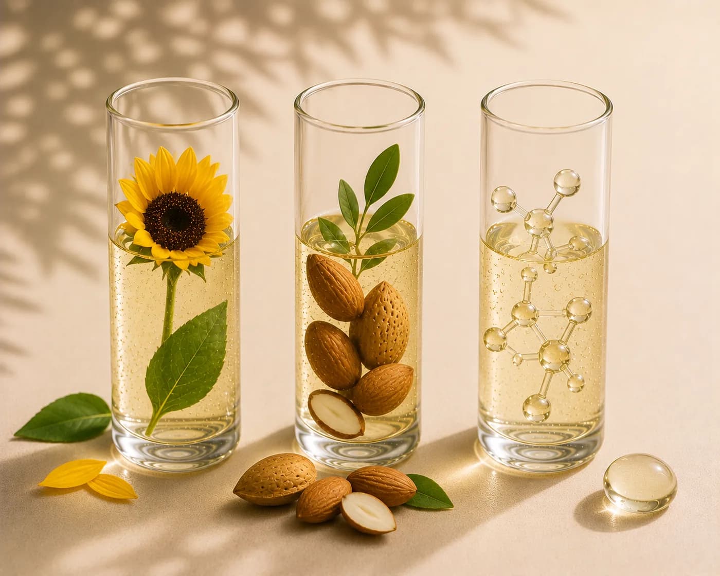 Bunga matahari, almond, dan tetes minyak dalam tabung kaca