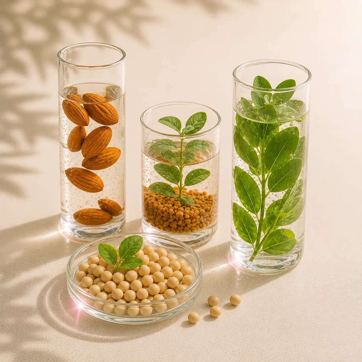 Almond, biji fenugreek, kedelai, dan daun hijau dalam tabung kaca
