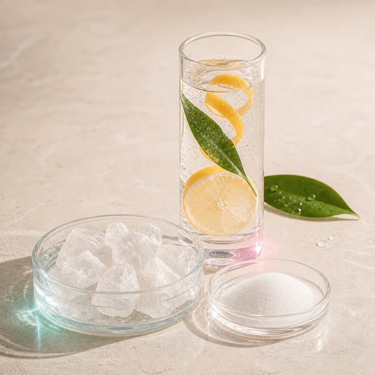Mineral Laut Mati, lemon, dan daun dalam wadah kaca