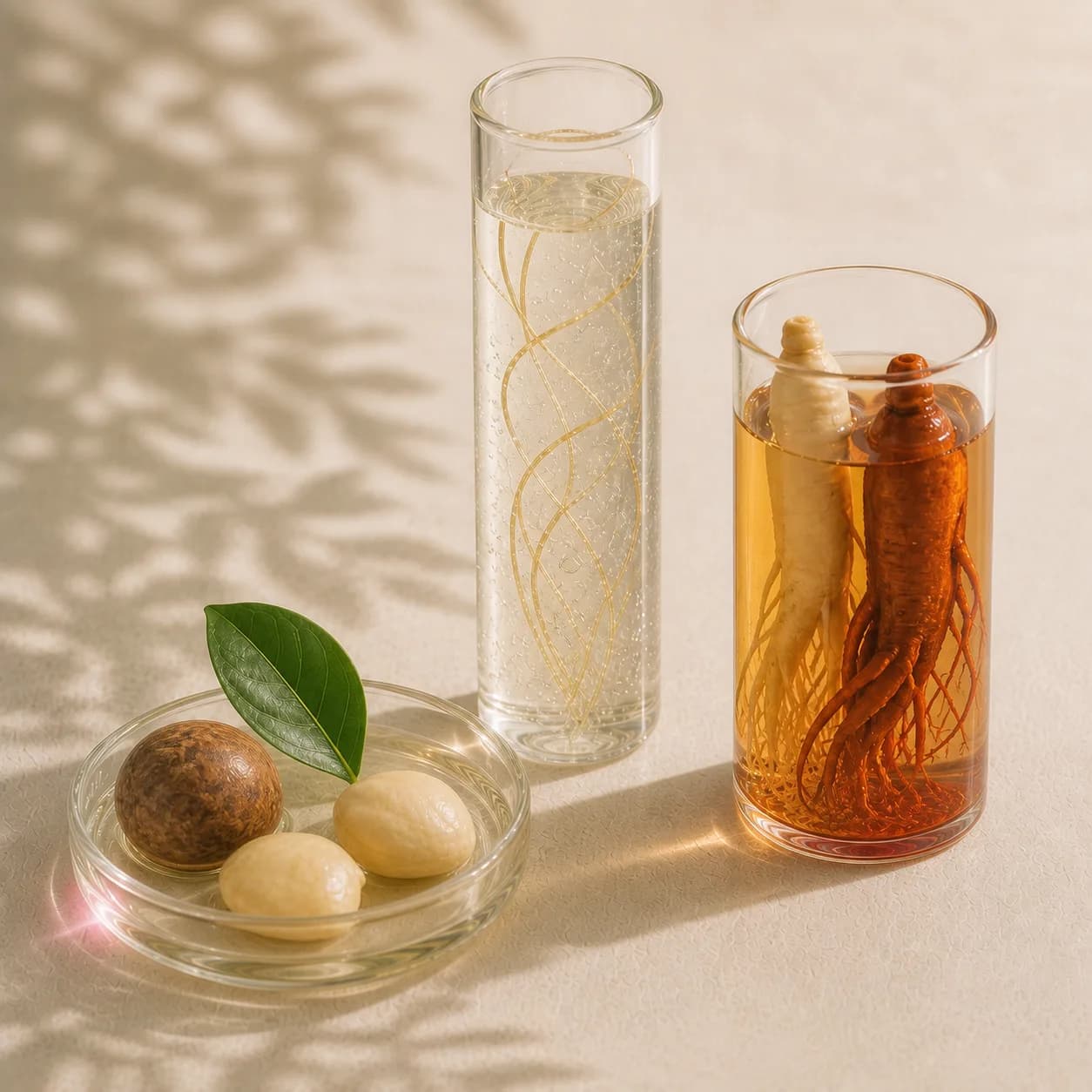 Kemiri dan ekstrak ginseng dalam wadah kaca