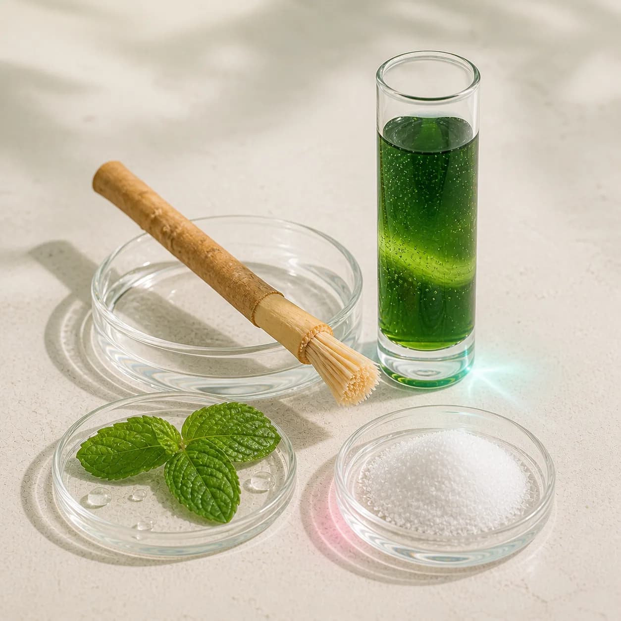 Daun mint, sikat bambu, dan bubuk mineral dalam cawan kaca