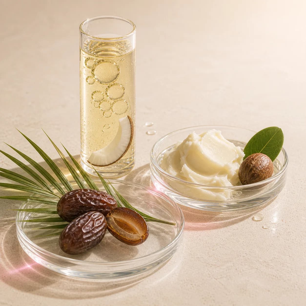 Kelapa, kurma, dan shea butter dalam wadah kaca