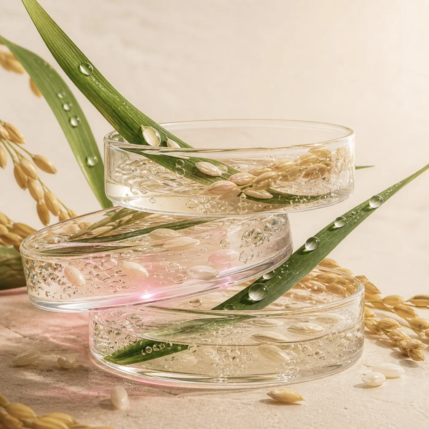 Ekstrak beras dan aloe vera dalam cawan kaca