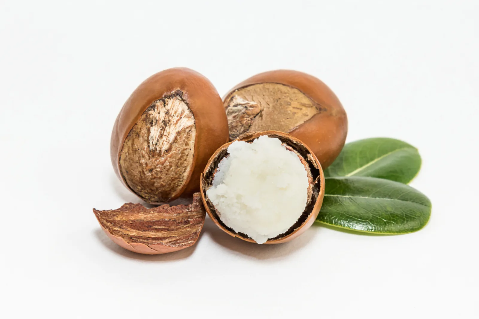 A shea fruit split open to show the butter inside